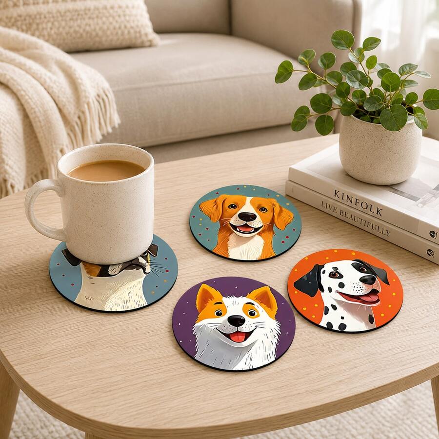 4/8pcs 5-Inch Dog Pattern Coasters, Pet Theme Round Table Mats, Cartoon Animal Print Cup Pads, Coffee Tea Cup Coasters, Home Restaurant Tabletop Decor - Multicolor - View 1