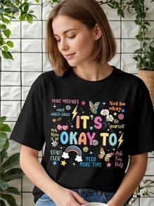 Casual Crew Neck Short Sleeve Tee For Women With Graphic Pattern, Fashion Daily Wear Ideal For Autumn, Fast Local Delivery - 黑色 - 查看 3
