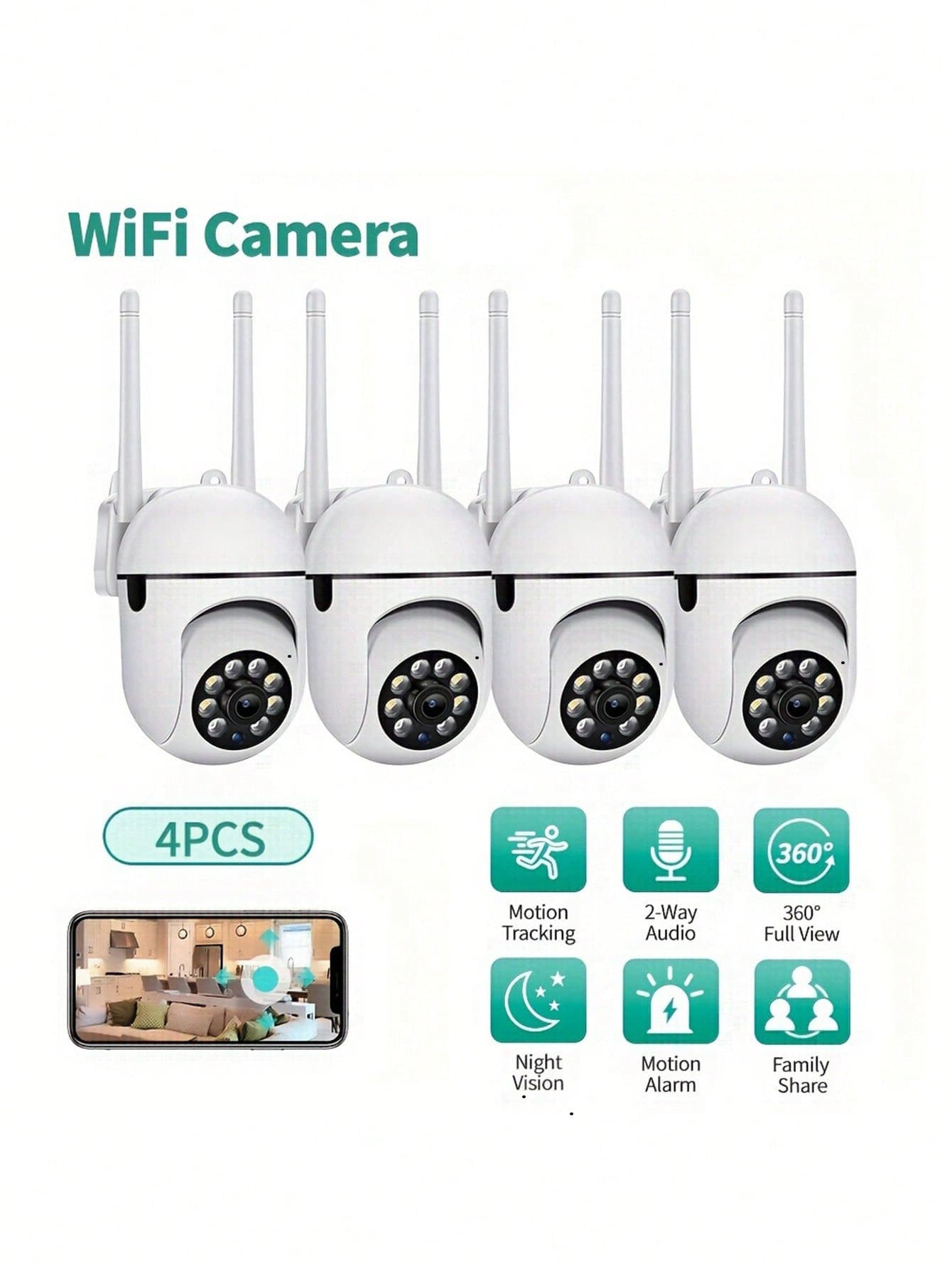 GENAI 1/2/4pcs 1080p HD Smart Home Security Camera - All-Day Color Night Vision, PTZ/Zoom, Two-Way Audio, Pet Monitoring With Motion Alert - Wireless Indoor/Outdoor Security Camera