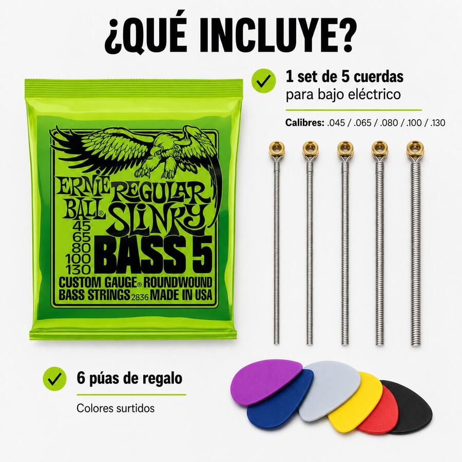 Ernie Ball 2836 Regular Slinky Cuerdas para Bajo Eléctrico de 5 Cuerdas, Calibre 45-130 + 6 Púa - Verde - Ver 1