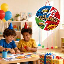 Piñata Redonda de Cumpleaños Estilo Superheroe Cómic 43x43cm con Cintas para Tirar – Diseño Colorido, Sin Relleno - Ver 5
