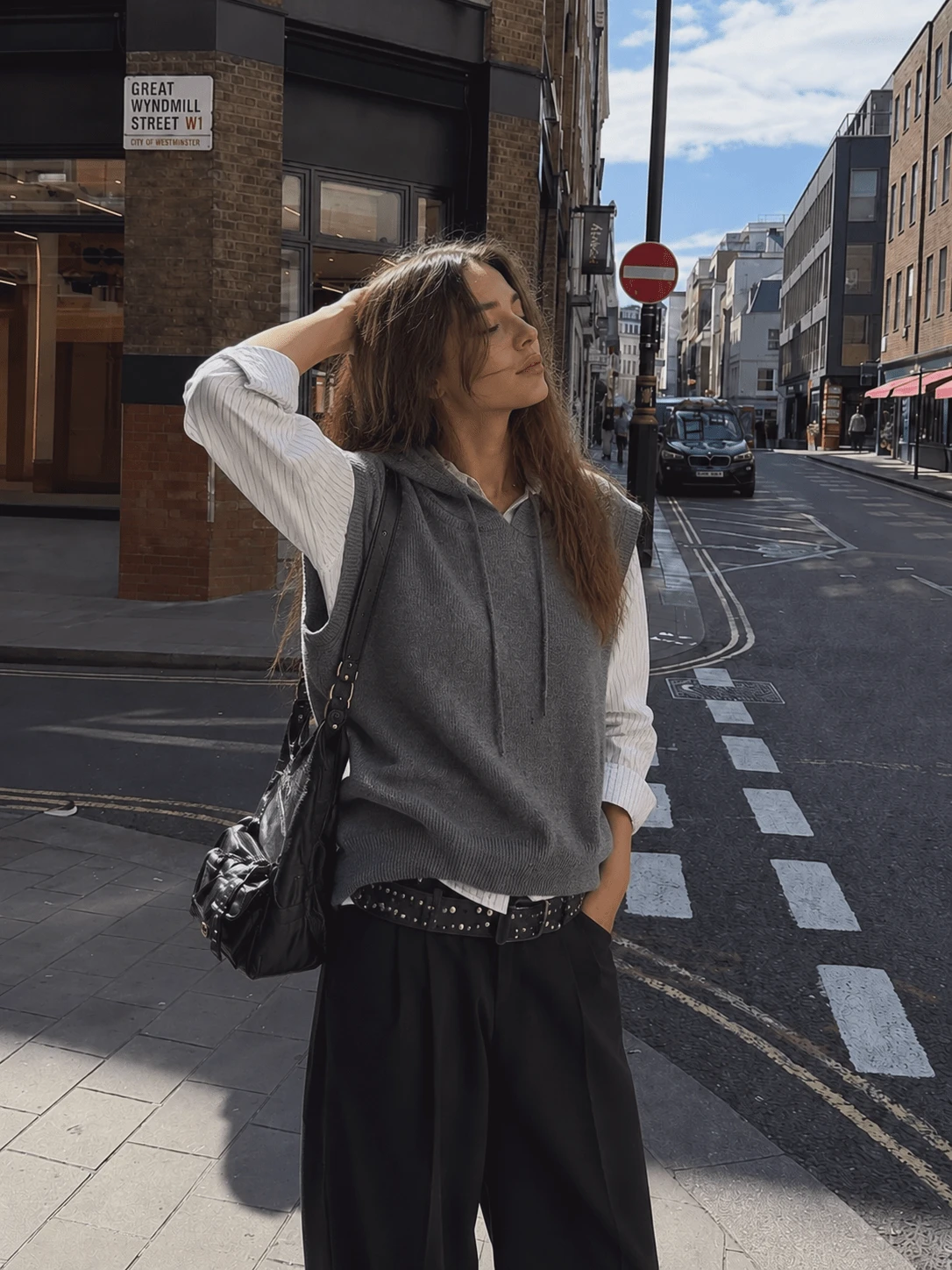 Rompi Rajut Tanpa Lengan Berkerudung dengan Tali Serut Warna Abu-abu Campuran untuk Wanita, Atasan Tank Top Pullover Longgar dan Santai - Grey - View 1
