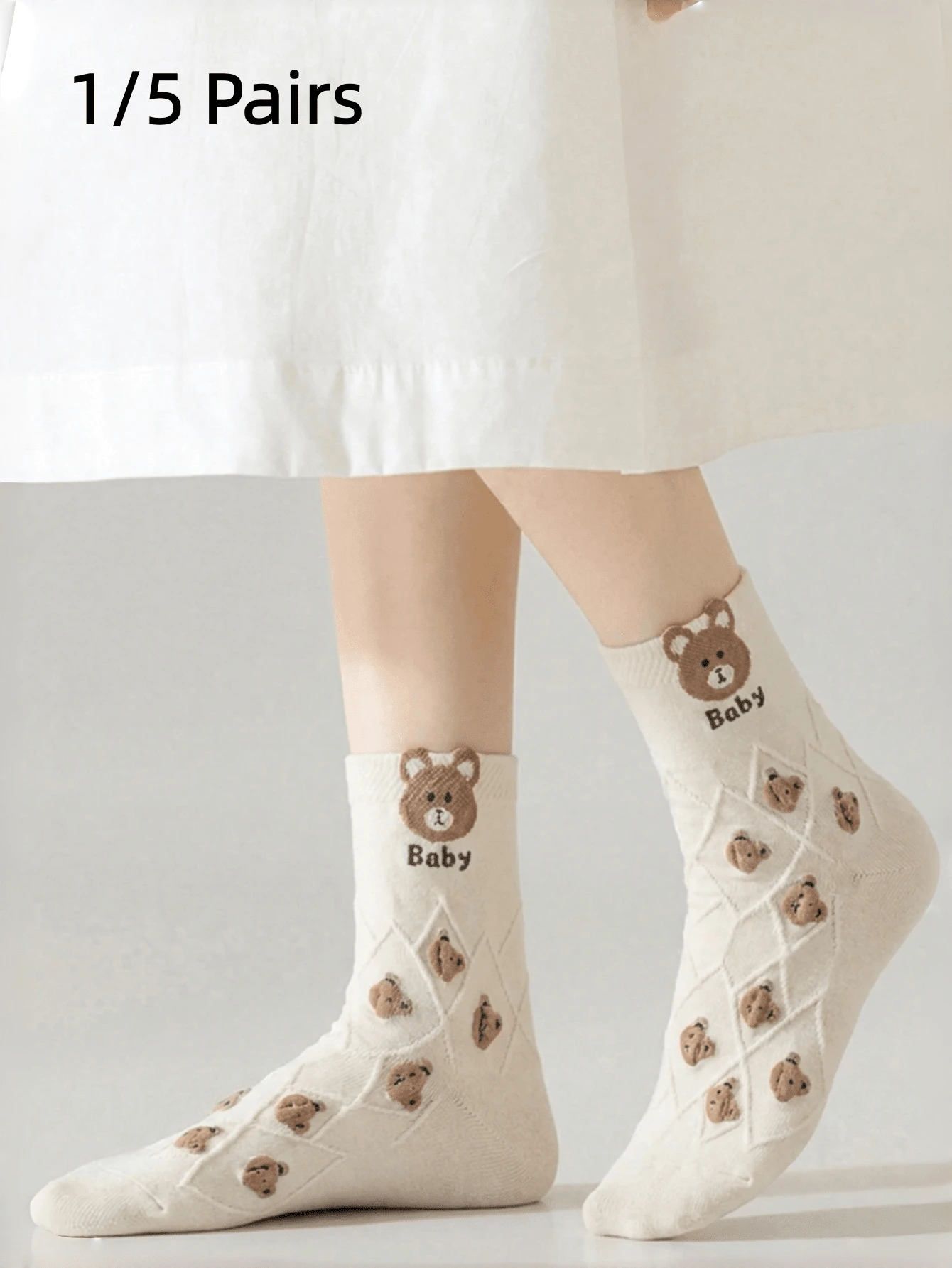 1/5 Pairs Women's Slim Mid Tube Early Autumn Versatile Japanese Anime Cute Bear Student Solid Color Socks - Multicolor - View 1
