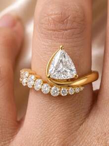 1pc Luxury 14K Gold Plated Asymmetrical Triangle Geometric Ring, Full Rhinestone Pave, Engagement Party Ring, Gift Jewelry For Women And Men, Multiple Sizes - Yellow - View 4