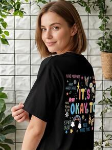 Casual Crew Neck Short Sleeve Tee For Women With Graphic Pattern, Fashion Daily Wear Ideal For Autumn, Fast Local Delivery - 黑色 - 查看 1