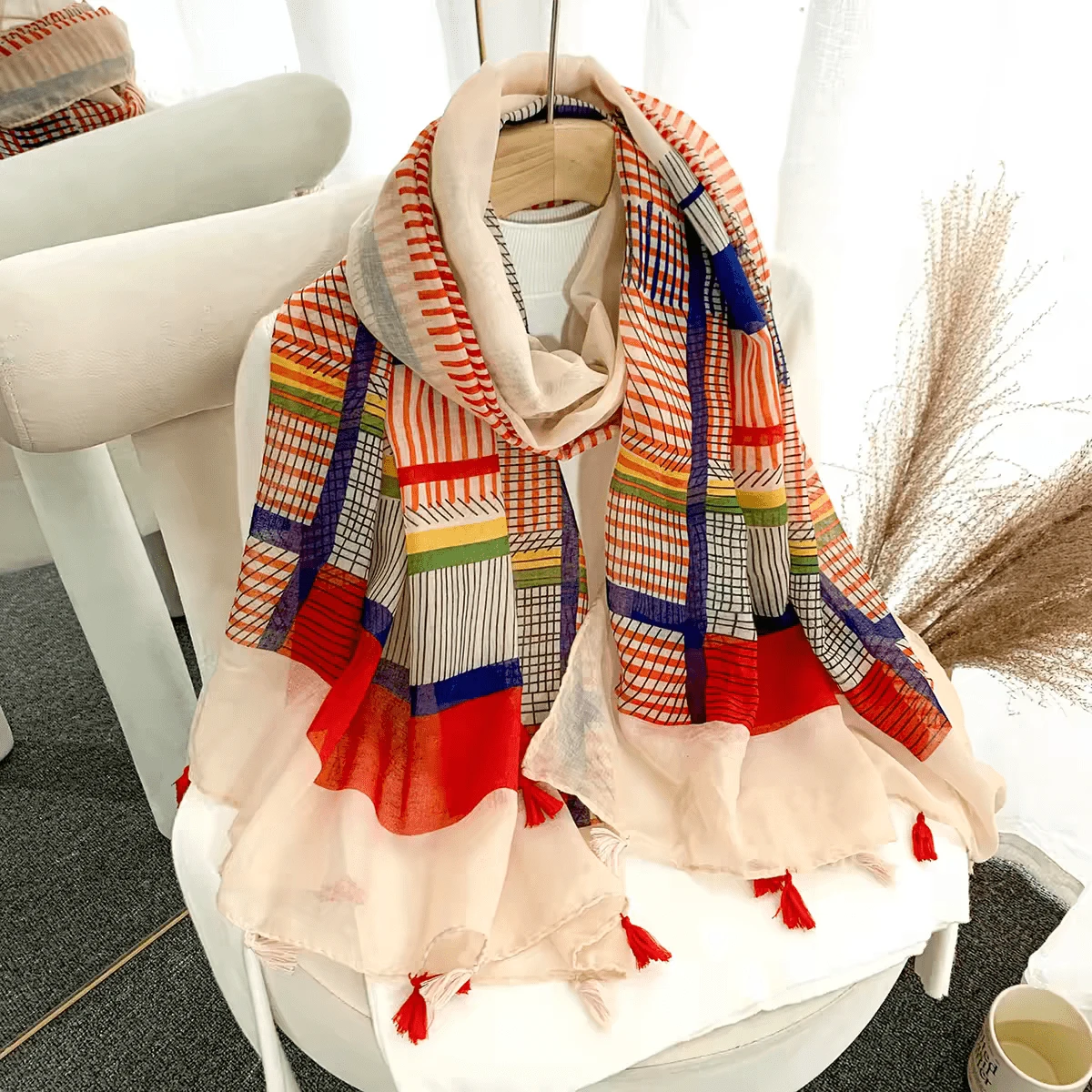 1pc Rapeseed Flower Scented New Style Scarf For Women, Original Design, Spring/Summer Pastoral Travel Vacation Long Dual-Use Sun Protection Thin Shawl - Red - View 1