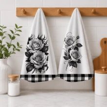 2pcs Vintage Black & White Rose Floral Theme Bathroom Towels, Suitable For Bathroom Cleaning, Home Cooking, BBQ, Bathroom Cleaning, Outdoor Activities And Tea Party Decor Home Supplies - Multicolor - View 11
