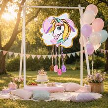 Piñata de Unicornio con Cintas para Tirar, 50 * 45 cm, Diseño Pastel con Borde Dorado, Sin Relleno para Cumpleaños y Fiestas Infantiles - Ver 3