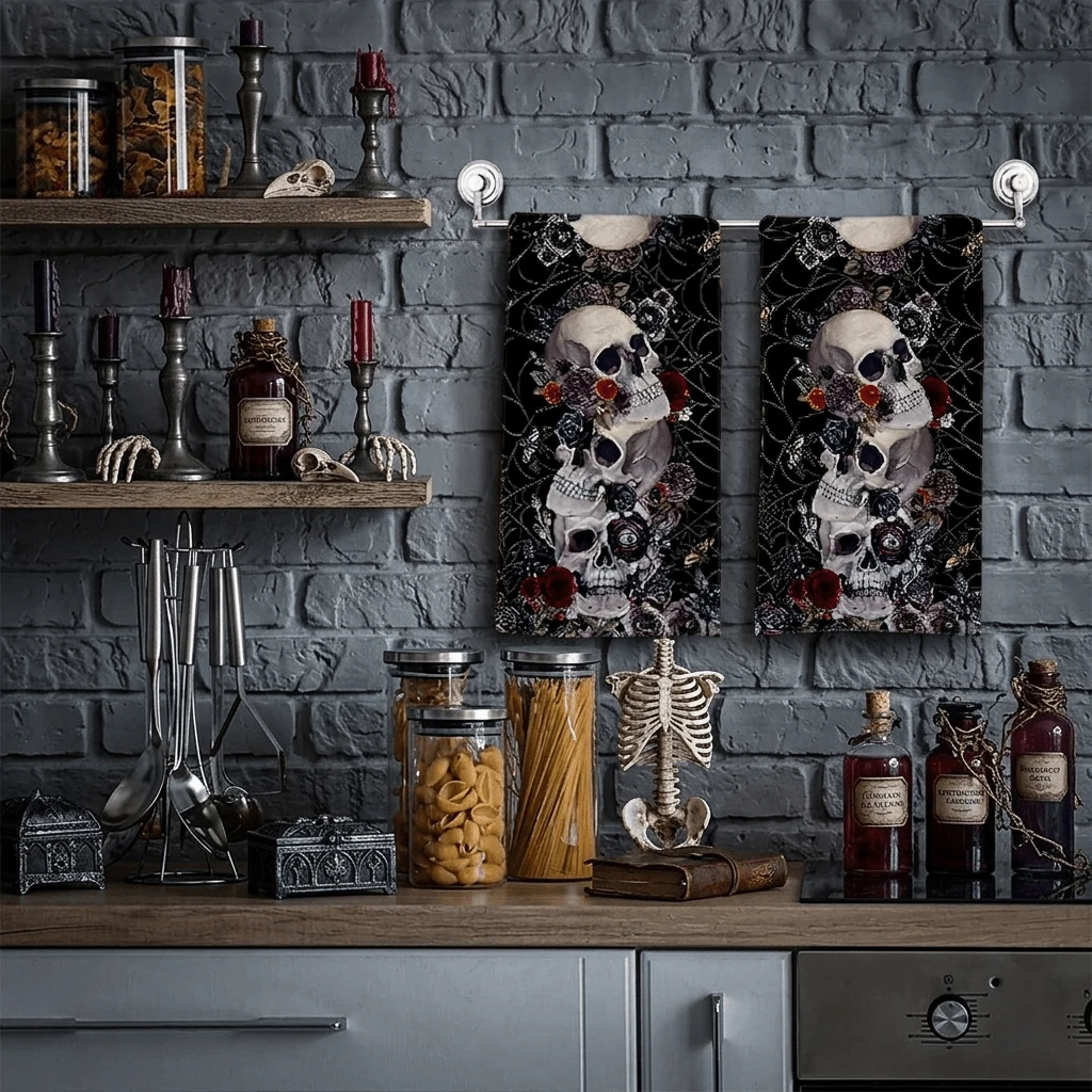 2/4/48pcs Seri Halloween Handuk Dapur Motif Tengkorak 3 Lapis dengan Mawar Merah & Ungu - Handuk Piring & Tangan Poliester Ultra Lembut dan Sangat Menyerap, Sempurna untuk Dekorasi Liburan, Dekorasi Dapur, Dekorasi Pesta