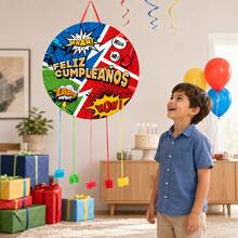 Piñata Redonda de Cumpleaños Estilo Superheroe Cómic 43x43cm con Cintas para Tirar – Diseño Colorido, Sin Relleno - Ver 3