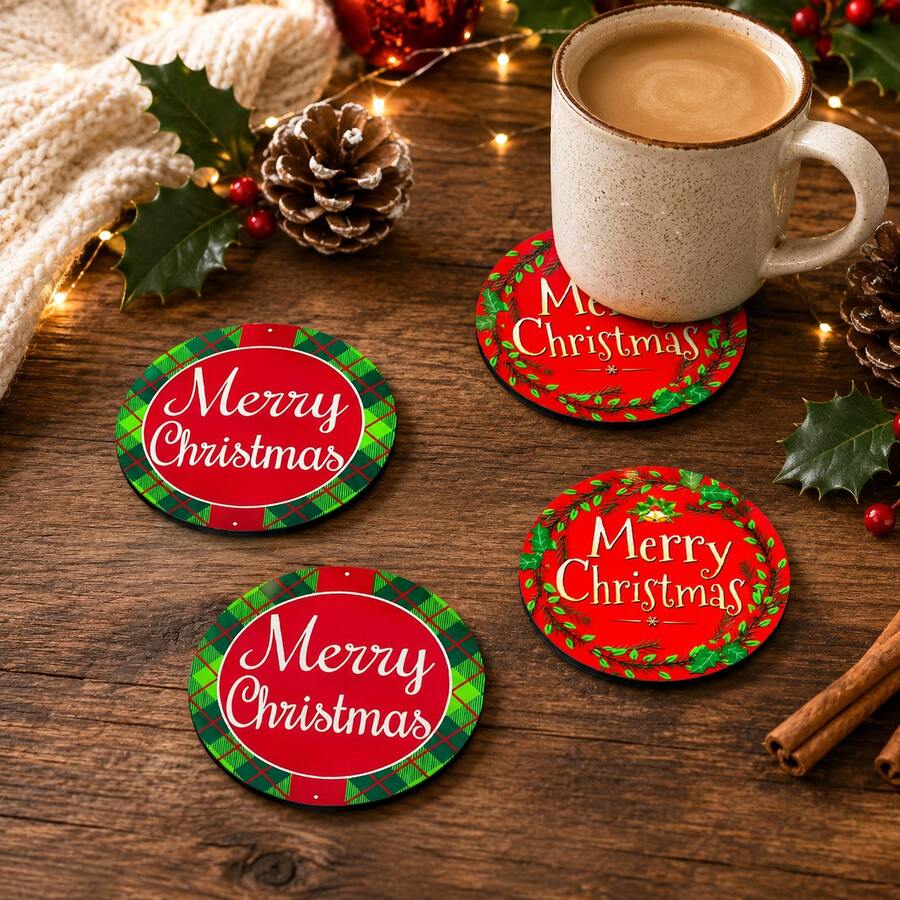 4入 5英吋聖誕主題圓形杯墊,Merry Christmas 文字款,紅綠色節日桌面裝飾墊,咖啡茶杯墊,居家餐桌餐具 - 彩色 - 查看 1