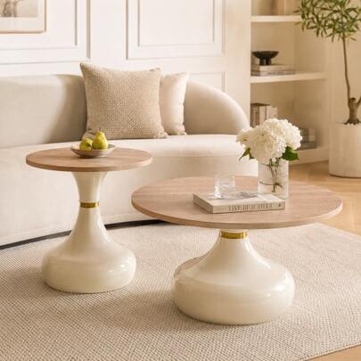 Set Of Two Luxury Bottle-Shaped Coffee Tables. Wood Tops With A Travertine Finish, Paired With A White Lacquered Metal Frame. Not Suitable For Living Rooms Or Dining Rooms.