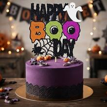 1pc Glitter Happy Boo Day Cake Topper, Halloween Ghost And Spider Web Dessert Decoration, Shiny Spooky Party Supplies, Suitable For Holiday Celebrations - Big Eyes BooDay - View 7