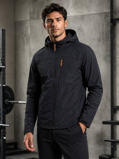 1pc Black Comfortable Men's Hooded Jacket, Men's Outerwear, Men's Outdoor Top, Sporty Style, Machine Washable