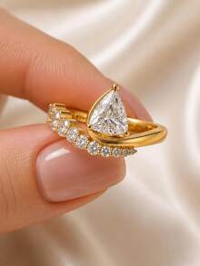 1pc Luxury 14K Gold Plated Asymmetrical Triangle Geometric Ring, Full Rhinestone Pave, Engagement Party Ring, Gift Jewelry For Women And Men, Multiple Sizes - Yellow - View 3