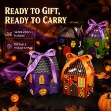 12/24pcs Halloween Haunted House Shaped Decoration Boxes With Bow Ribbon, Assorted Ghost Witch Skeleton Spider Print Paper Party Gift Boxes, Halloween Trick Or Treat Classroom Home Decor - View 4