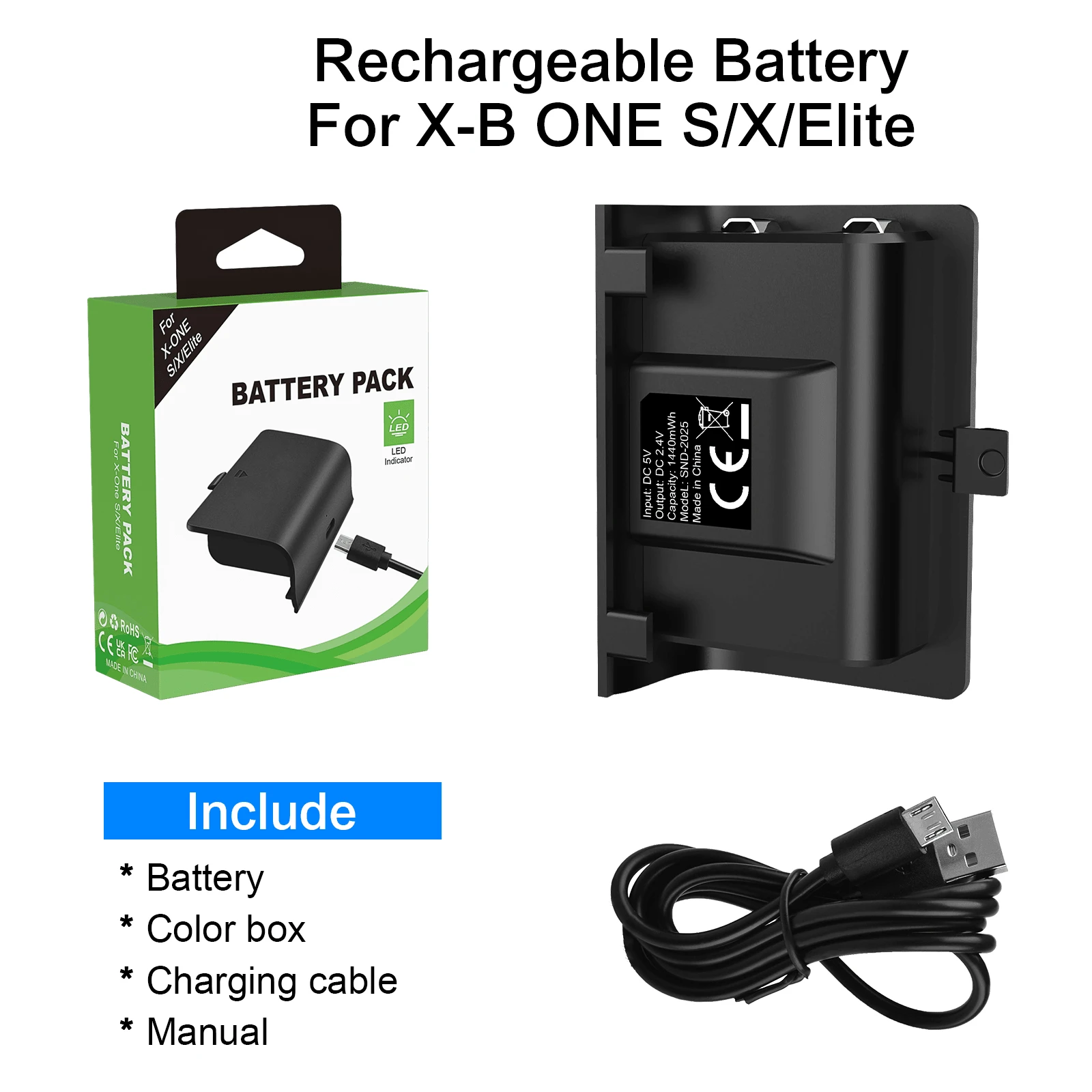 Rechargeable Battery Pack For Series One/S/X/Elite Controller, 600mAh, 2-3H Fast Charge For 20-25H Playtime, LED Power Indicator, ABS, Black, Battery For Gamers - Black - View 1