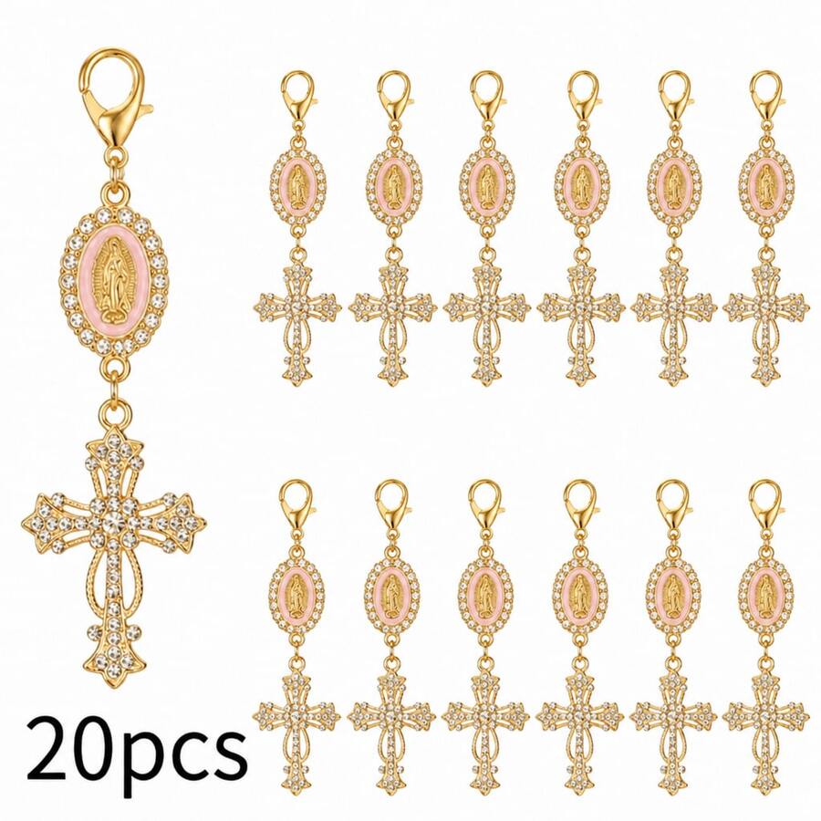 20pcs Gold Pearl Rhinestone Cross Keychain Pendant, Religious Cross Bag Charm, Suitable For Baptism, First Communion, Wedding Favors - Single Pink Rosary Cross - View 1