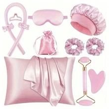 Juego de 12 piezas de herramientas para el cabello para dormir, incluye diadema con varilla rizadora sin calor, masajeador facial, diadema, antifaz suave para dormir, gorro de satén para dormir (para peinar), bolsa de almacenamiento de satén, rodillo facial para mujer, cinta rizadora de seda y satén sin calor, adecuado para rizar durante la noche, incluye gorro de seda para dormir, antifaz, pinzas para el cabello, funda de almohada, lazos para el cabello, juego de masaje facial (rosa), bata de baño, bata, alfombra de baño, dispensador de jabón - A - Ver 12