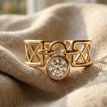 1pc Creative 14K Gold Plated Lock Heart Round Ring, Hollow Geometric Niche Design, Multi-Diamond Ring, Lightweight Luxury Elegant Women's Accessory Gift Jewelry - Yellow - View 11