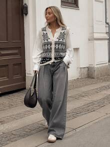 Women's Autumn/Winter Vacation Minimalist Wavy Textured Cardigan Vest - Light Grey - View 1