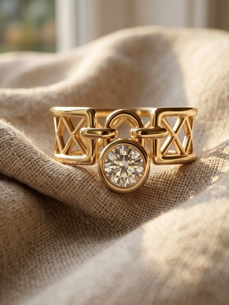1pc Creative 14K Gold Plated Lock Heart Round Ring, Hollow Geometric Niche Design, Multi-Diamond Ring, Lightweight Luxury Elegant Women's Accessory Gift Jewelry - Yellow - View 1