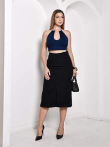 Women's Long Denim Skirt With Pockets, Flared, Distressed Hem, High Waisted, Elegant - 黑色 - 查看 1
