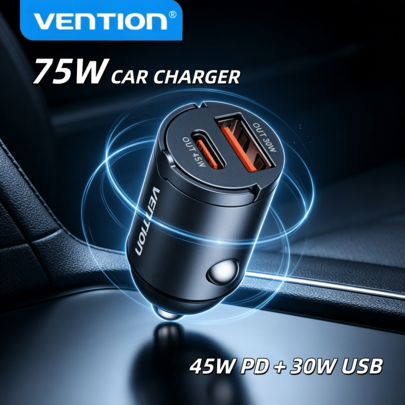 VENTION Mini Car Charger 45W PD Type C+30W USB A Dual Port Aluminum Alloy Fast Charging Car Phone Charger Gray