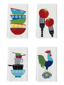 2/4/6Pcs,Vintage Folk Style Kitchen Hand Towels, Carrot Beet Tomato Rooster Cookware Pattern Quick Dry Reusable Cleaning Towels For Cooking Baking Home Decoration,Kitchen Accessories. - Multicolor - View 13