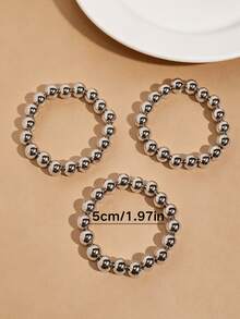 3pcs/Set Silver Beaded Elastic Bracelets Minimalist Layered Bangles Everyday Versatile Jewelry Gift - one-size - View 3