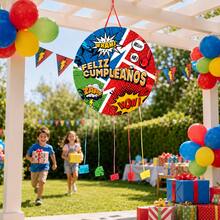 Piñata Redonda de Cumpleaños Estilo Superheroe Cómic 43x43cm con Cintas para Tirar – Diseño Colorido, Sin Relleno - Ver 6