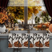 2/4/48pcs Halloween Series Dancing Skeleton, Jack Pumpkin Lantern, Candle Pattern Printed Kitchen Towels - Super Soft, Highly Absorbent Polyester Tablecloths And Hand Towels, Perfect For Holiday Decor, Kitchen Decor, Party Decor - Multicolor - View 3