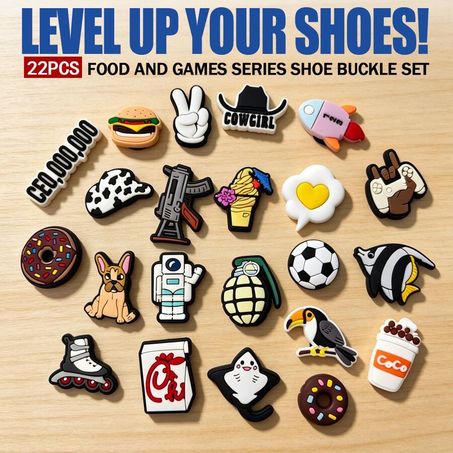 22 Pieces Per Set, Food Game Series PVC Shoe Charms. DIY Shoe Decorations, An Ideal Gift For Your Friends. - Black - View 1