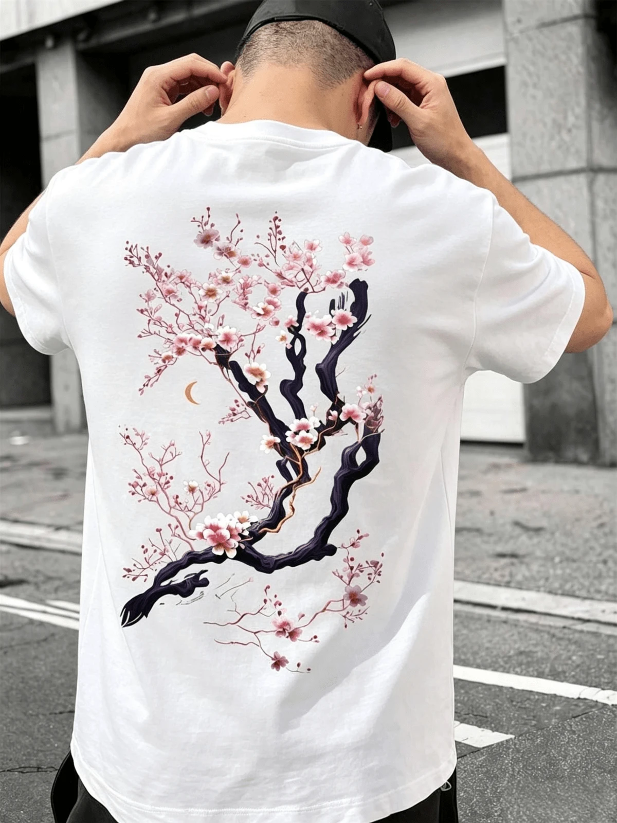 100% Cotton Men's Short Sleeve Tee, Oriental Floral Back Graphic Top, East Asian Street Style, Casual Shirt For Daily Wear, Outings & Commute - 白色T-shirt - 查看 1