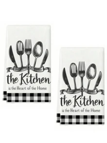 2pcs Minimalist Black & White Tableware Print Kitchen Towels, Farmhouse Style Simple Decor, Absorbent Reusable Washable Dish Cloth Tea Towel, Suitable For Kitchen & Dining Table - White - View 12