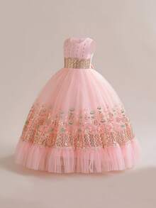 Tween Girls Faux Pearl Contrast Color Embroidered Mesh Elegant Party Dress, Headband Not Included - Pink - View 5