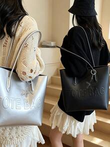 Minimalist Embossed Letter Leather Tote Bag, Large Capacity Commuter Shoulder Handbag With Star Charm, Versatile Women's Bag For School, Work, Daily Outings And Storage - Multicolor - View 2