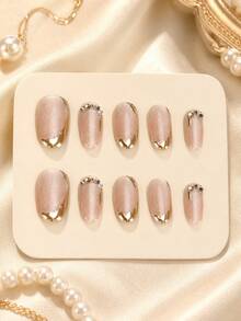 10 Medium Oval Press-On Nails With Asymmetric Gold Edges, Decorated With Shells And Pearls, Elegant Full-Cover Fake Nails, Perfect For Everyday Wear, Dates, Weddings, And Parties For Women - Follow Your Heart - View 3