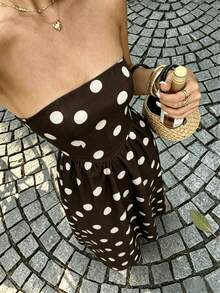 Women's Polka Dot Waist-Cinching Strapless Dress, Vacation Style Casual Brown Long Beach Dress For Autumn Elegant Summer - Brown - View 7