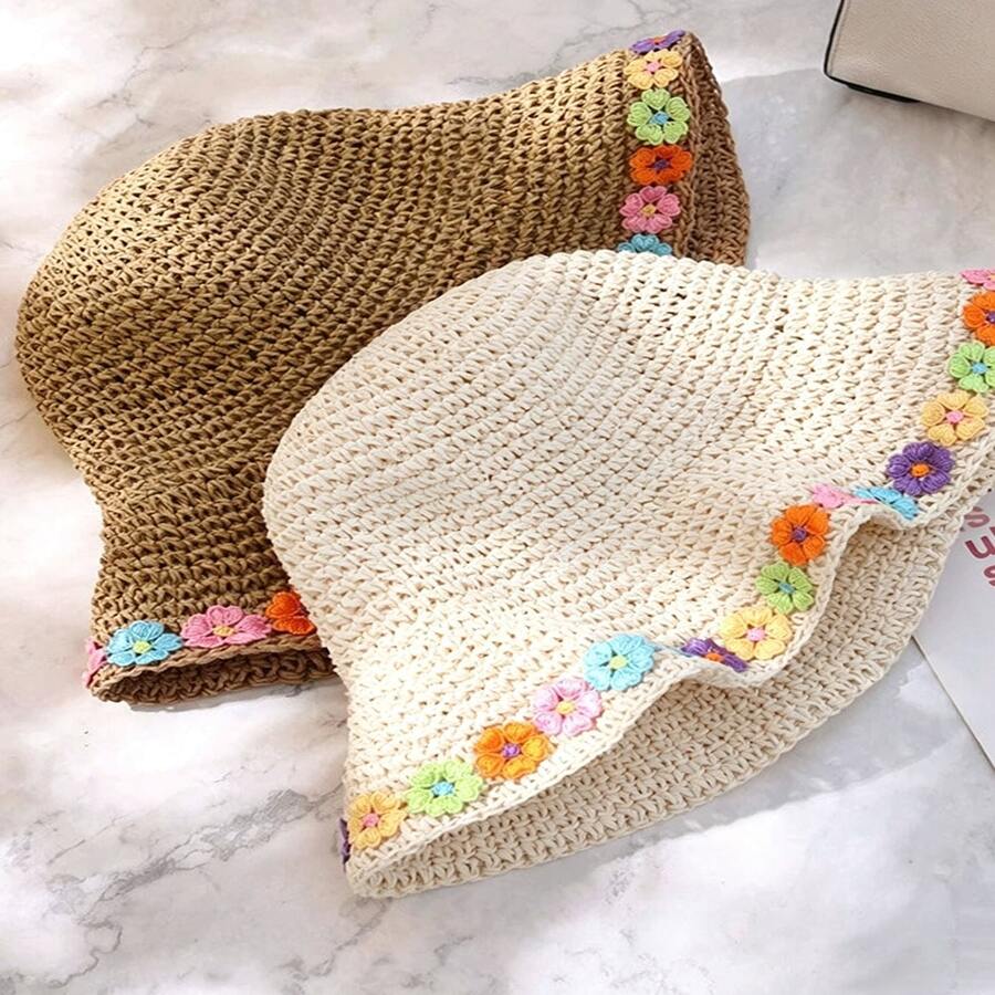 1pc Women's Fashion Straw Hat, Suitable For Summer, Outdoor Travel, Beach, Etc., Foldable, Rolled Edge Design, Sun Protection Function, Suitable For Daily Life - Colorful Flower Straw Hat - View 1