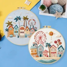 Handmade DIY Embroidery Kit Set, 20*20cm(7.9*7.9in), Seaside Vacation Theme, Comes With Embroidery Frame. Ideal For Adults & Beginners. Printed Pattern Fabric, Needles, Threads & Instruction Manual. Perfect Home Decor & Gift For Family And Friends - CXP2224 - View 3