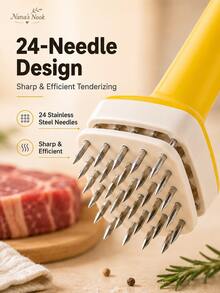 3PCS Yellow & Gray 24-Spike Meat Tenderizer Tool, 430 Stainless Steel & ABS Handheld Meat Tenderizer Needle Tool For Steak, Beef, Pork, Chicken, Fish, Kitchen BBQ Meat Prep - Yellow - View 3