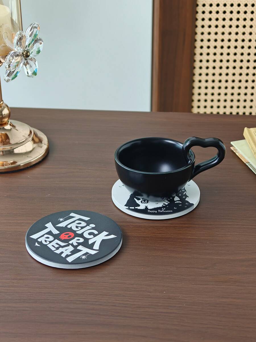 1 set Tatakan Gelas Keramik Cetak Monokrom & Mug Kopi Gagang Hati Hitam Matte, Alas Meja Tahan Panas dan Air, Melindungi Meja Kayu, Cocok untuk Penggunaan Kopi dan Teh Sehari-hari di Dapur Rumah dan Meja Kafe - MultiWarna - View 1
