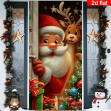 2D Flat Santa Claus & Reindeer Door Curtain, Cartoon Style Santa And Reindeer Peeking From Behind The Door, With Christmas Tree & Gift Elements, Warm Light Background, Durable Polyester, No Power Required, Suitable For Christmas Party Decoration, Can Be Used For Indoor/Outdoor Wall, Door & Window Decoration, Holiday Atmosphere Arrangement, Home, Mall, Studio, Outdoor Scene Universal, Polyester Material, No Power Required - A - View 2