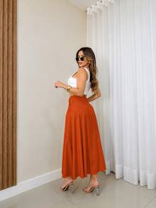 EMILI Women's Midi Skirt In Cotton Knit Fabric With Two-Button Front Closure And Belt Loops - Terracotta - View 4