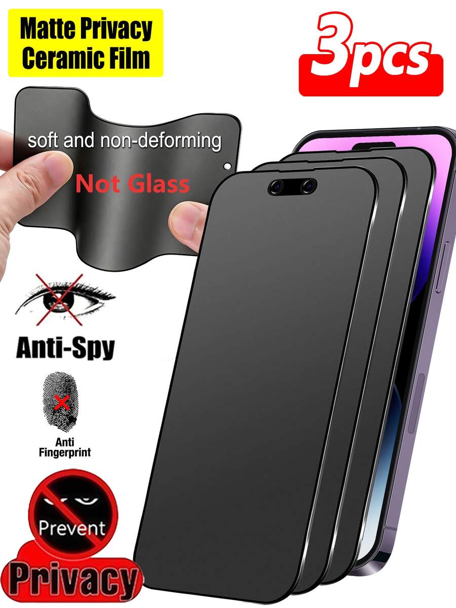 Matte Privacy Screen Protector, 3pcs Full Coverage Soft Film, Anti-Peeping, Anti-Glare, Anti-Scratch, Anti-Fingerprint, Touch Sensitive, Compatible With IPhone 17 Pro Max, Compatible With Phone Cases, Compatible With IPhone 17 Air/17 Pro/17 Pro Max/16/16 Pro/16 Pro Max/16 Plus/15 Pro Max/14 Pro Max/13 Mini/12/11/XS Max/XR/8+/7 Plus Phone Accessories - 3PCS - View 1