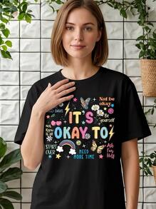 Casual Crew Neck Short Sleeve Tee For Women With Graphic Pattern, Fashion Daily Wear Ideal For Autumn, Fast Local Delivery - 黑色 - 查看 2