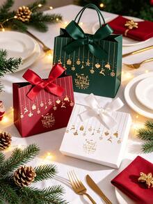 Christmas Mini Gift Paper Bags With Ribbon Bow, Thick Coated Kraft Paper Material, Gold Foil Christmas Pattern, Foldable Handheld Small Bags, Lightweight And Reusable, Multiple Colors Available; Suitable For Gift Giving For Men And Women, Christmas Party Favors, Candy And Jewelry Storage, Holiday Gift Packaging Bags, Christmas Gift Boxes - Multiple Styles - View 6