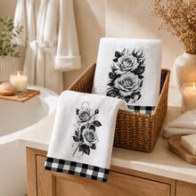 2pcs Vintage Black & White Rose Floral Theme Bathroom Towels, Suitable For Bathroom Cleaning, Home Cooking, BBQ, Bathroom Cleaning, Outdoor Activities And Tea Party Decor Home Supplies - Multicolor - View 6