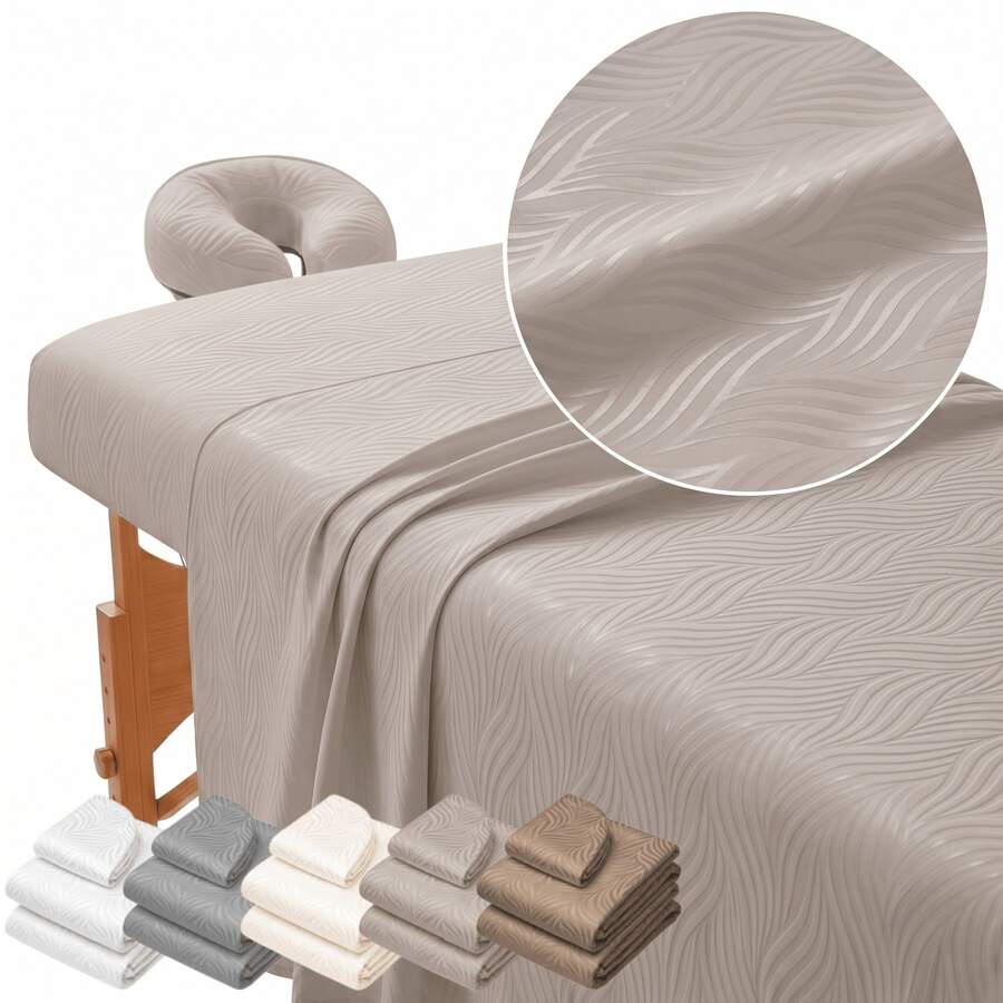 頂級 3 件組按摩床單套組－超柔軟波浪壓紋 SPA 床上用品，包含加大平鋪床單 (245x150cm)、深口袋包床單 (192x90cm) 與臉部蓋布，適用於按摩床、美容床、治療床，舒適耐用易清洗